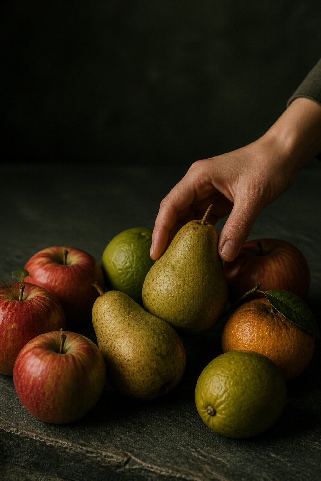 Maçãs, peras e frutas cítricas escolhidas manualmente