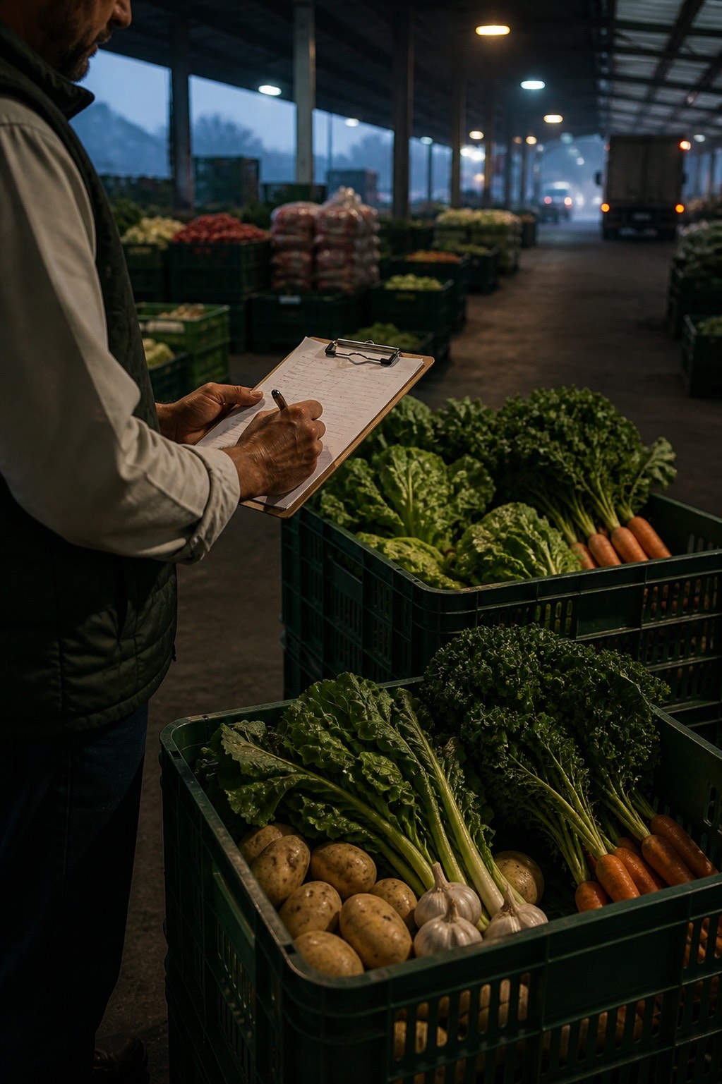 Curadoria de hortifruti no mercado de abastecimento antes do amanhecer
